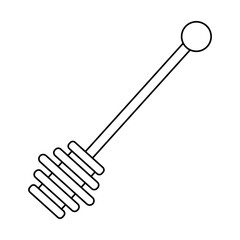 Vector honey  flowing liquid on a stick, honey spoon element doodle. Organic Products for Logo. Outline cute cartoon illustration. Honey dripping from honey dipper on yellow background. 