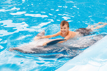 Kid and dolphin communication. Dolphins assisted therapy for boy, boy is swimming with dolphins in blue swimming pool - Powered by Adobe