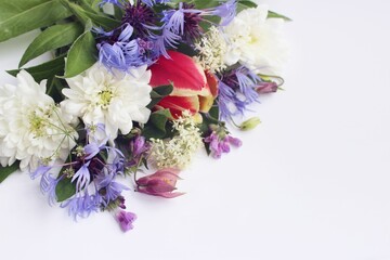 Spring flower arrangement with blue flowers.  Bright light tones.  Background for a greeting card.