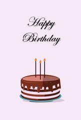 Happy birthday greeting card with chocolate cake and cndles on pale pink background