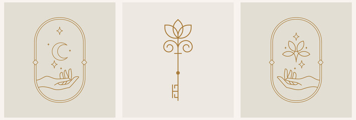 Mystical female hands logo in minimal linear style. Vector logo design. Templates with various hand gestures, moon, flower, stars and crystals. For cosmetics, beauty, tattoo, spa, manicure, jewelry st © Iren Art