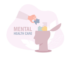Mental health concept. Silhouette of a human's head. Psychotherapy solving puzzling problems. Therapist and patient. Modern flat style vector illustration for psychologist blog or social media post.