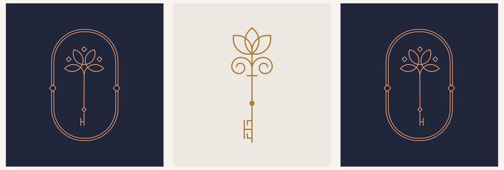 Mystical key logo in minimal linear style. Real estate logo design. For cosmetics, beauty, tattoo, spa, manicure, jewelry store