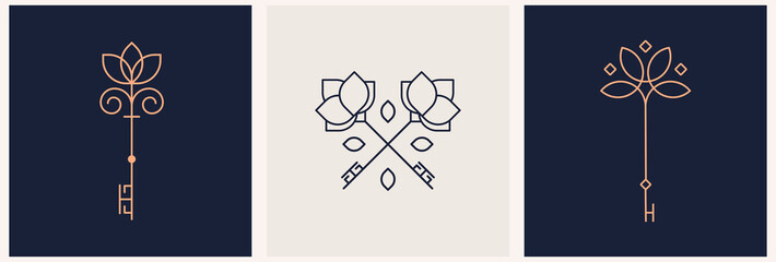 Mystical key logo in minimal linear style. Real estate logo design. For cosmetics, beauty, tattoo, spa, manicure, jewelry store