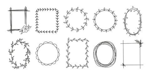 Fototapeta premium Set of 10 hand-drawn doodle style decorated frames. Vector decorative design elements.