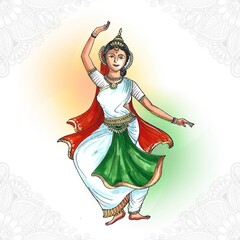 Beautiful indian women dance on india independence card background
