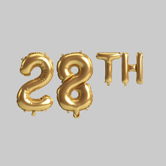3d illustration of 28th gold balloons isolated on background