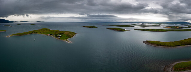panorama landscape of the sunken drumlin islands of Clew Bay in County Mayo of western Ireland