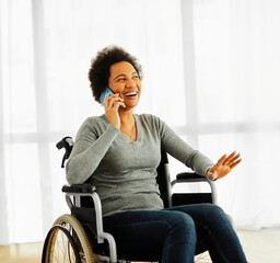 disability wheelchair disabled woman handicap sitting handicapped health young wheel care phone...