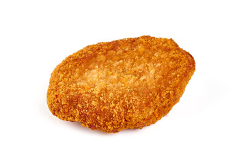 Crispy chicken fillet in bread crumbs with french fries, isolated on white background.