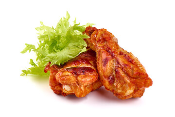 Buffalo BBQ Chicken Legs with lettuce salad leaf, isolated on white background.