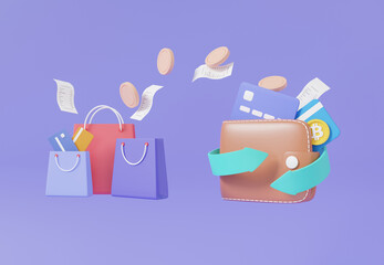 Cash back in wallet concept shopping online refund with coins, debit credit card, finance saving payment exchange on purple background, buying product bags, money transfer. 3d rendering illustration - obrazy, fototapety, plakaty