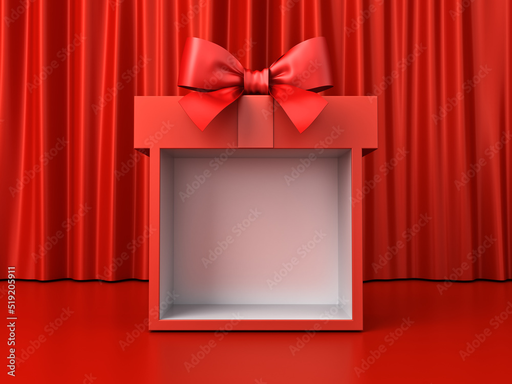 Aufkleber Red exhibition booth showcase or blank gift box display stand with red ribbon bow isolated on red stage background minimal conceptual 3D rendering