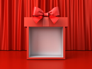 Red exhibition booth showcase or blank gift box display stand with red ribbon bow isolated on red stage background minimal conceptual 3D rendering