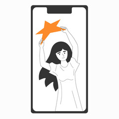 Feedback concept smartphone screen. Woman customer holding stars in hands. Client positive reaction high ranking concept. Best appraisal of business satisfaction.