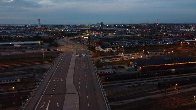 Drone Over Traffic In City Of Malmo At Dusk