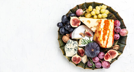Wine and cheese, cheese platter, snacks, still life, Long banner format. top view