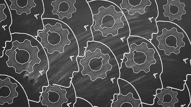 Rotating gears inside of the human heads. Illustration on blackboard. Concept of idea. Teamwork. Artificial intelligence concept. Collective thinking.