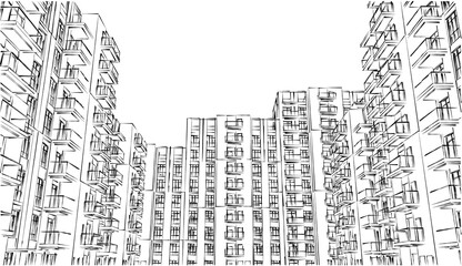 3d illustration of a crowded residential complex. Homes with balconies in high-rise buildings.  Mass housing. Monochrome facade perspective from inner courtyard.