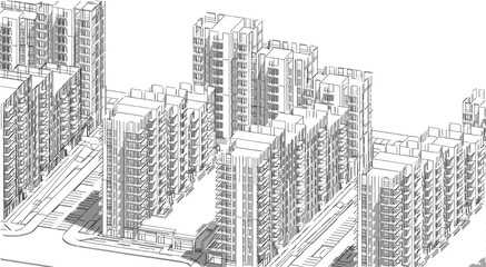 Partial 3d illustration drawing of a big residential complex. Mass housing in a crowded neighborhood. Monochrome image perspective with shadows.