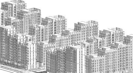 Partial 3d illustration drawing of a big residential complex. Mass housing in a crowded neighborhood. Abstract monochrome image perspective with shadows.