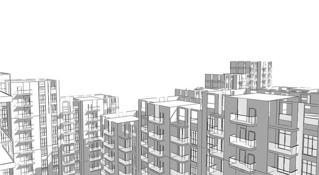 3d illustration of a crowded residential complex in a city.  Homes with balconies in high-rise blocks with rooftops at different levels.  Mass housing in a crowded neighborhood. Monochrome image.