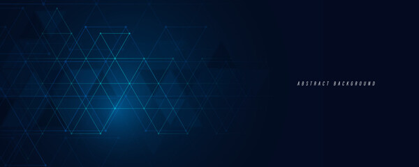 Abstract dark blue background with triangle shape pattern and connection lines. Simple geometric design. Futuristic technology digital concept. Suit for cover, website, poster, banner, flyer, brochure