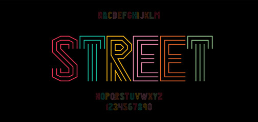 Vector street font color line style modern typography for poster, decoration, promotion, book, t shirt, sale banner, printing on fabric. Cool alphabet. Trendy typeface. 10 eps