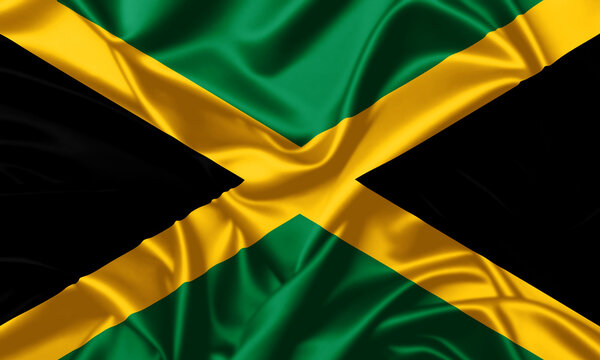 Jamaica waving national flag close up satin texture background image