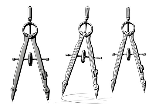 Drafting compass drawing plan design circle. Precision engineering divider vintage sketch vector illustration