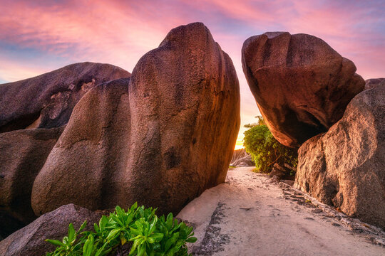 Granite rocks in pink sunset on La Digue island in Seychelles