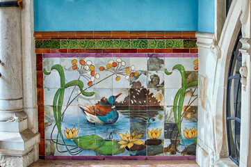 09 October 2016 : detail of azulejos panel in the museum de Arte Nova de Aveiro in Aveiro, Portugal 