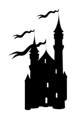 Medieval castle with waving flags. Romanesque architecture. Silhouette. Vector illustration isolated on white background