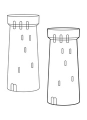 Medieval castle with waving flags. Romanesque architecture. Line art. Vector illustration isolated on white background