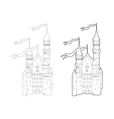 Medieval castle with waving flags. Romanesque architecture. Line art. Vector illustration isolated on white background