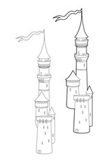 Medieval castle with waving flags. Romanesque architecture. Line art. Vector illustration isolated on white background