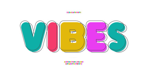 Vector vibes font modern colorful style trendy typography for decoration, logo, summer party poster, t shirt, book, card, banner, printing, stamp. Cool alphabet. Trendy typeface. 10 eps