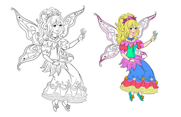 Fototapeta na wymiar flower fairy girl in beautiful dress coloring page