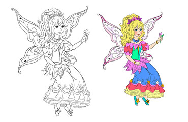 flower fairy girl in beautiful dress coloring page