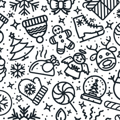 Vector christmas background consisting of christmas line icons such as santa, deer, christmas ball, fir - tree, gift, snowflake on winter holiday background. Happy New Year. Vector Illustration
