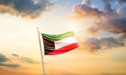 Kuwait national flag cloth fabric waving on the sky - Image