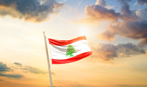 Lebanon national flag cloth fabric waving on the sky - Image
