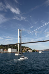 View of cruise tour boats on Bosphorus and bridge in Istanbul. It is a sunny summer day. Beautiful travel scene.