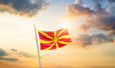 North Macedonia national flag cloth fabric waving on the sky - Image