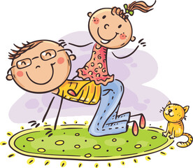 Happy cartoon father playing with a daughter on the carpet
