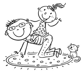 Line drawing of a happy cartoon father playing with a daughter on the carpet