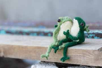 Knitted frog - a toy sits on the boards