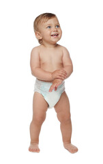 Cute baby in diaper learning to walk on white background