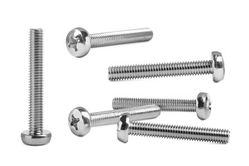 Set with metal screw bolts on white background