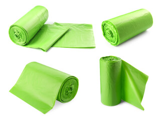 Set with rolls of garbage bags on white background